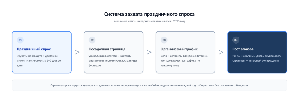 Схема системы праздничных посадочных страниц: праздничный поисковый спрос, посадочная страница, органический трафик, рост заказов